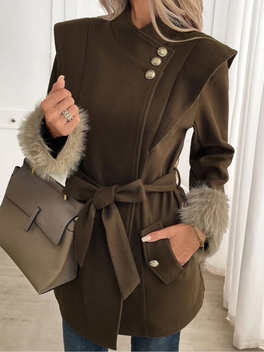 Women's Pure Coffee Color Bowknot Lace-Up Button Decorated Cuff Patchwor